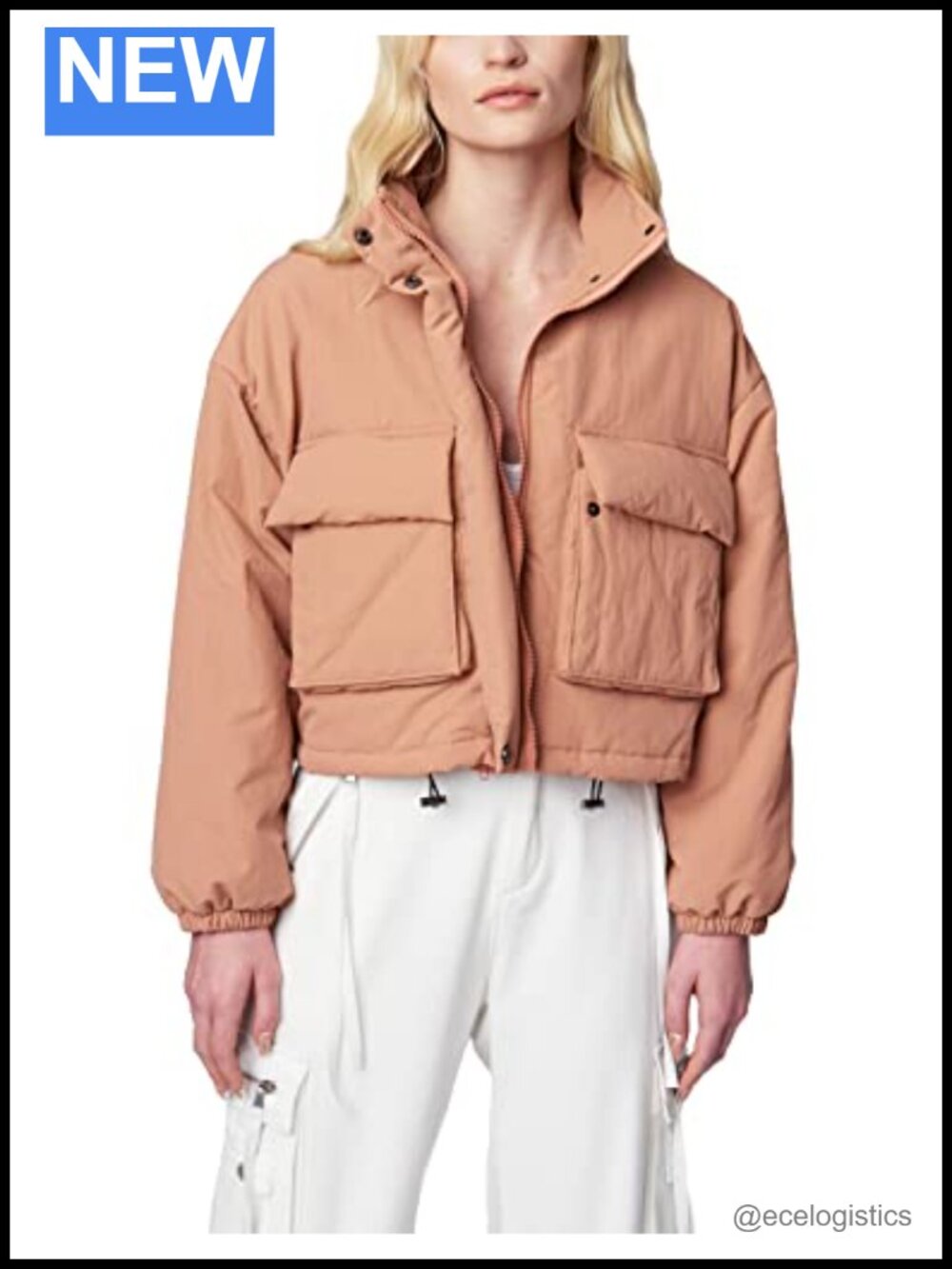 Nylon Puffer Jacket with Quilted Style and Big Front Pockets - Long Sleeve, Zip